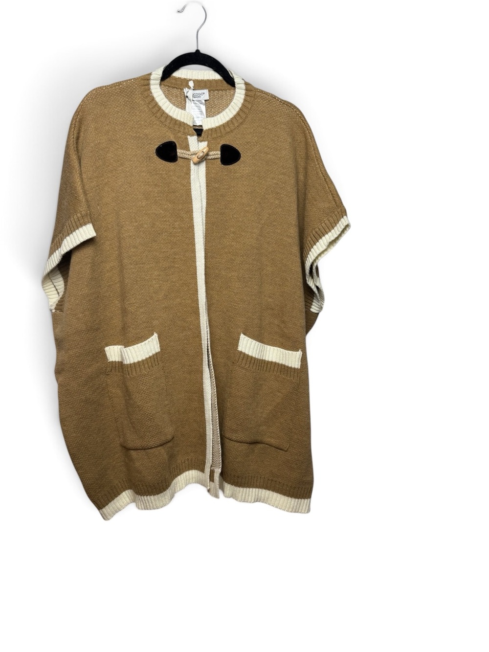 Cocogio Tan Knit Poncho with Cream Trim and Toggle